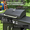 Barbecue a Gas con Fornello Laterale 129,5x56x110 cm Tavolino e Armadietto in Acciaio e PP Nero 