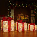 Set 3 Pacchi Regalo Natalizi Luminosi 25-20-15 cm con Stelle e 48 LED Bianco Caldo in Filo di Cotone Bianco      