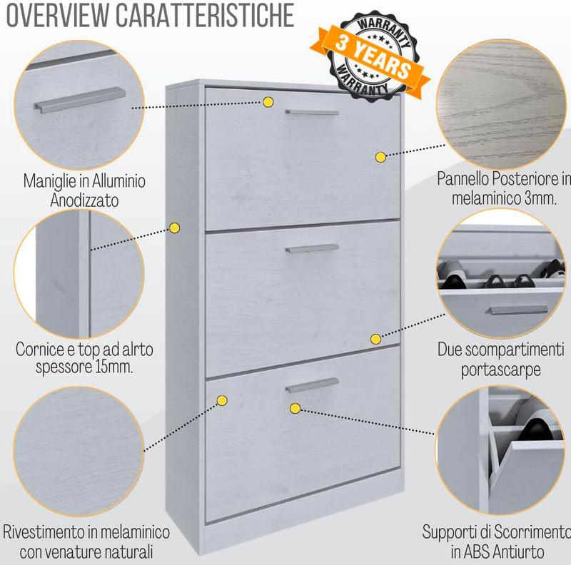 Scarpiera Salvaspazio 3 Ante a Ribalta 60x24x120h cm in Melaminico Bianca