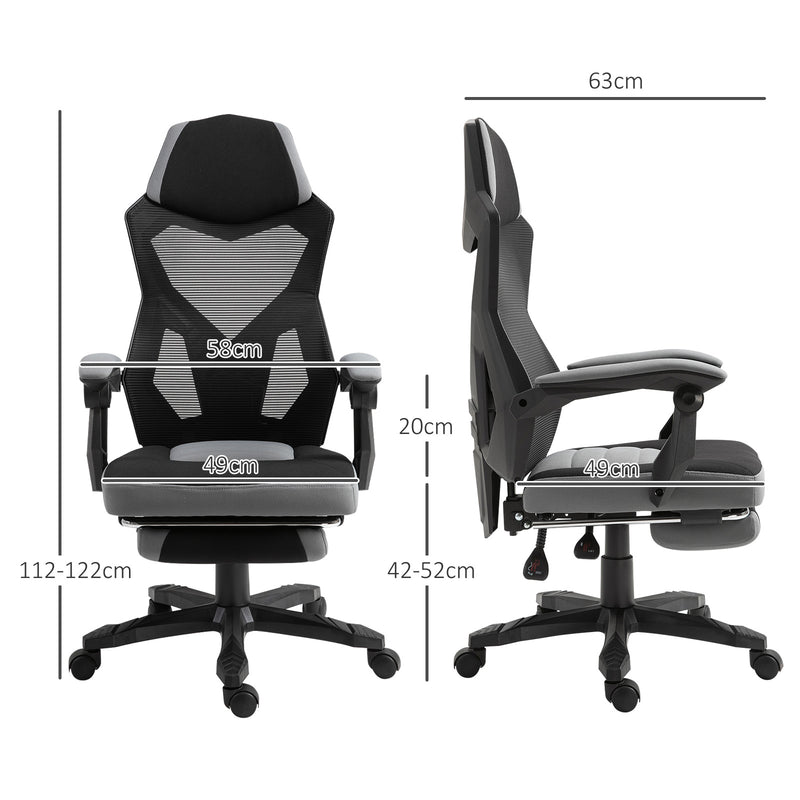Sedia da Gaming Ergonomica con Schienale Reclinabile e Poggiapiedi Retrattile in Tessuto Grigio   