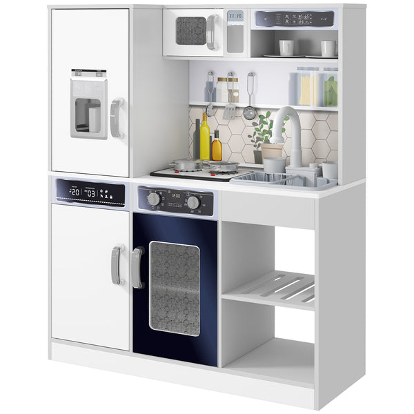 Set Cucina Giocattolo in Legno con Fornello con Luci e Suoni, Lavello con Circolo d'Acqua e Accessori, Bianco sconto