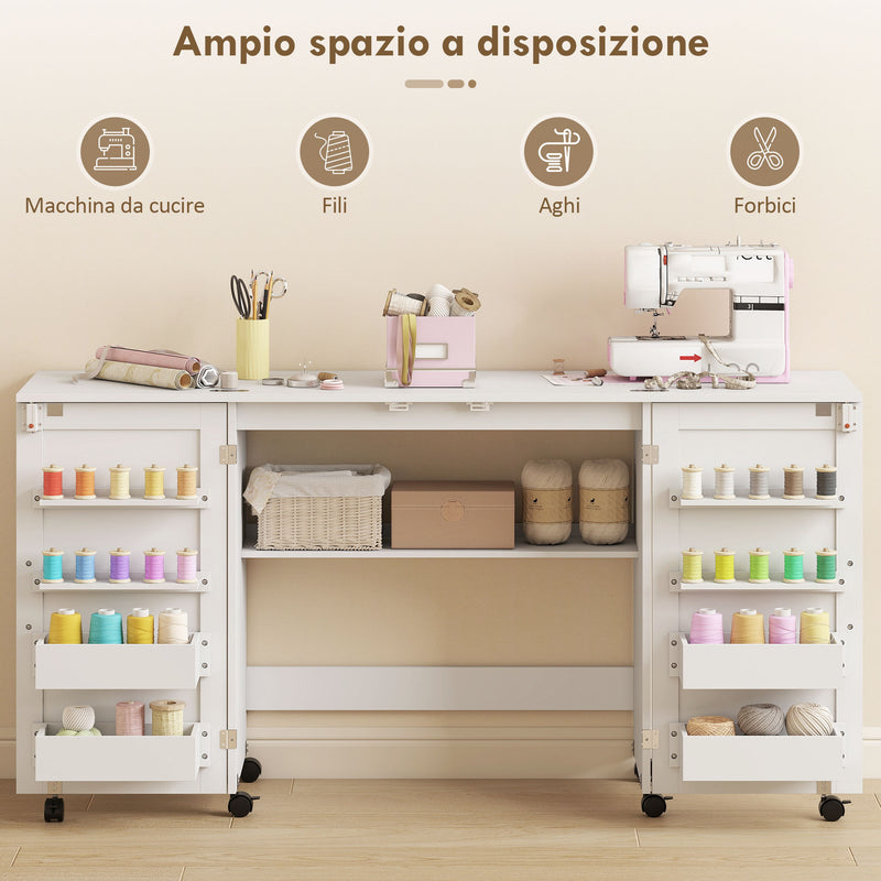 Tavolo da Cucito Pieghevole per Macchina da Cucire con Ripiani 20 Pioli Ruote con Blocco Bianco      