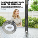 Set 5 Pezzi da Giardino con 4 Sedie Impilabili e Tavolo in Vetro Temperato con Foro per Ombrellone in Texteline Grigio Chiaro      