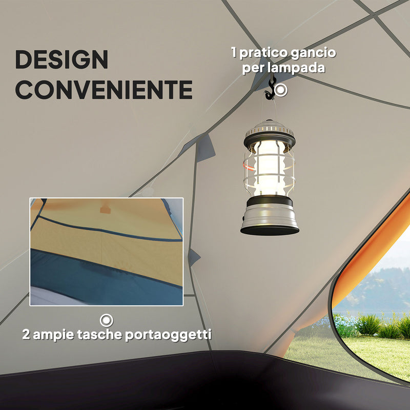 Tenda da Campeggio 2 Posti Impermeabile 280x225x110 cm con 2 Vestiboli e 2 Porte Arancione   