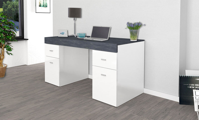 Scrivania 2 Ante 2 Cassetti 130x60x75 cm Sliding Bianco Lucido e Ardesia