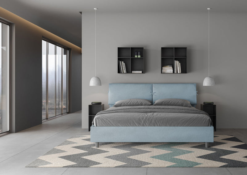 Letto Matrimoniale Testata con Cuscini Imbottito in Microfibra Mados Azzurro Varie Misure