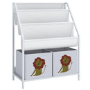 Libreria Montessoriana per Bambini 3-8 Anni 60x30x76 cm con 4 Ripiani e 2 Contenitori con Stampa di Leone in Truciolato Bianco      