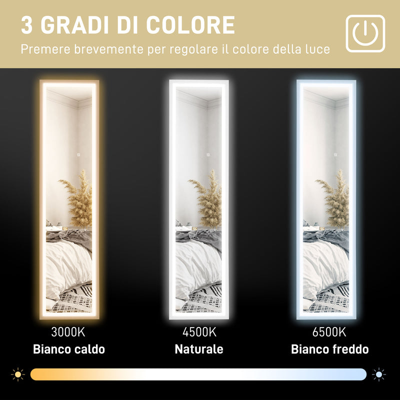 Specchio Illuminato con Luci LED Regolabili e Pulsante Touch 40x5x160 cm in Vetro e MDF Bianco      