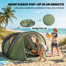 Tenda da Campeggio Pop-Up per 2-3 Persone 265x220x115 cm 2 Porte 2 Finestre Impermeabile in Poliestere Verde      