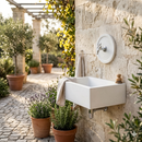 Lavello Rettangolare da Esterno 45x35 cm con Rosone Installazione a Muro in Cemento Madrid Bianco