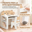 Set Tavolo per Bambini 3-8 Anni 80x41,2x74,5 cm con Sedia e Librerie Laterali Tema Orsetto in Truciolato e MDF Bianco      