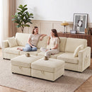 Divano Modulare a U 4 Posti 306x153x85 cm con 2 Pouf Contenitori e 4 Cuscini in Velluto a Coste Bianco Crema      