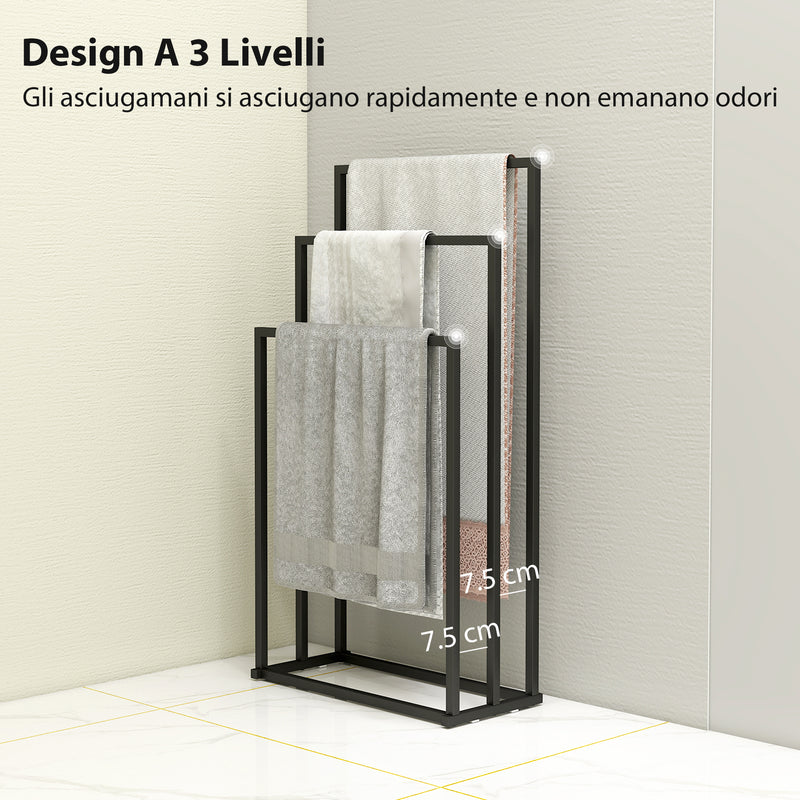 Portasciugamani da Terra a 3 Bracci Autoportante 45x21.5x85 cm in Acciaio Nero      