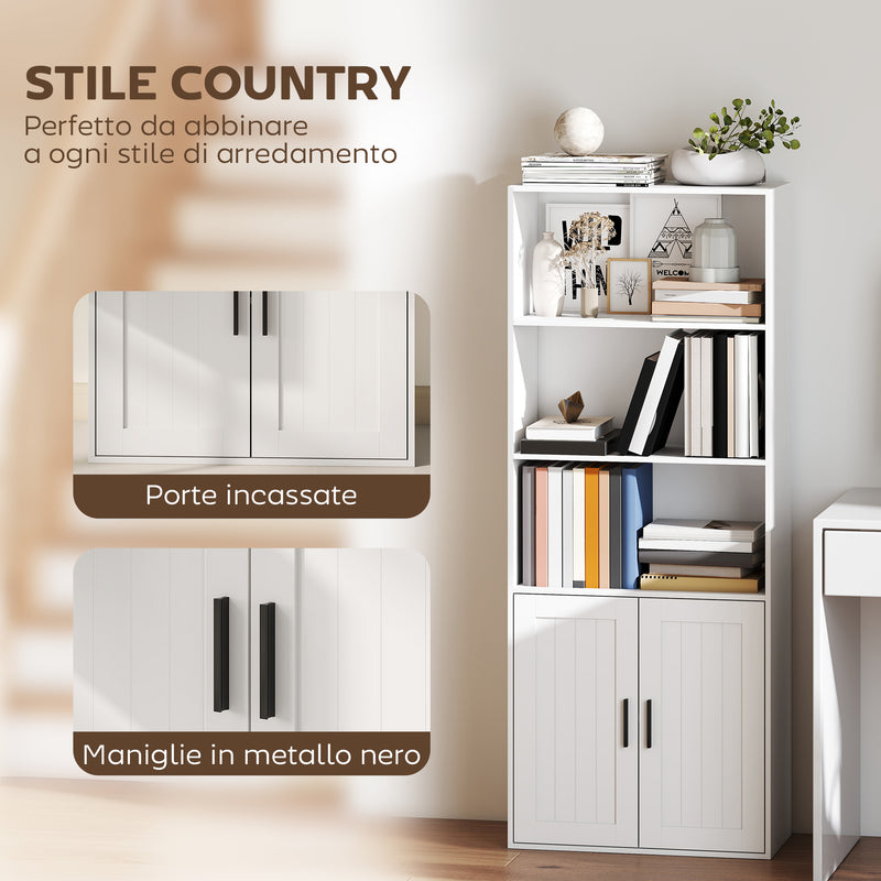 Libreria con Ripiani Aperti e Armadietto 2 Ante 60x30x145.5 cm in MDF Bianco      