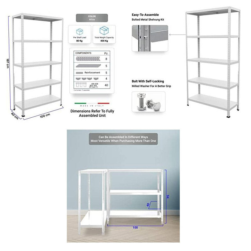 Scaffale in Metallo 5 Ripiani 100x40x187 cm  Ettore Bianco