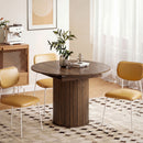 Tavolo Espandibile per 6-8 Persone da Rotondo a Ovale 150x110x75 cm con Base a Piedistallo in MDF e Acciaio Color Noce Scuro      