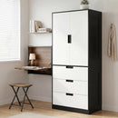 Armadio 2 Ante con 3 Cassetti 80x50x180 cm con Barra Appendiabiti in Melamina Nero Bianco      