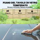 Set 7 Pezzi da Esterno con 6 Sedie Impilabili in Texteline e Tavolino da Caffè con Piano in Vetro in Acciaio Nero e Argento      