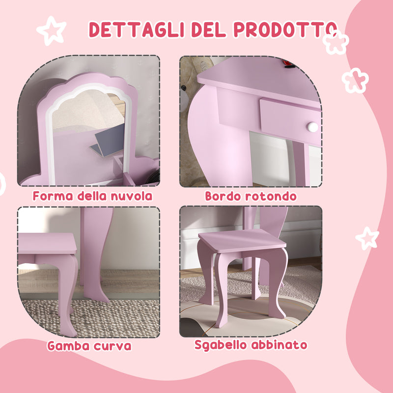 Set Toeletta per Bambina con Specchio in Acrilico e Sgabello Abbinato in Legno Rosa      