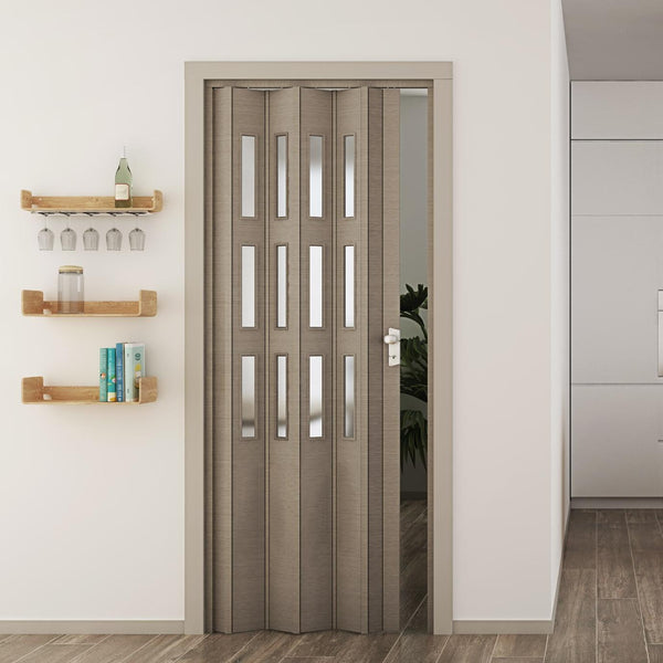 Porta a Soffietto da Interno 88,5x214 cm in PVC con Vetro Florance Rovere Tortora sconto