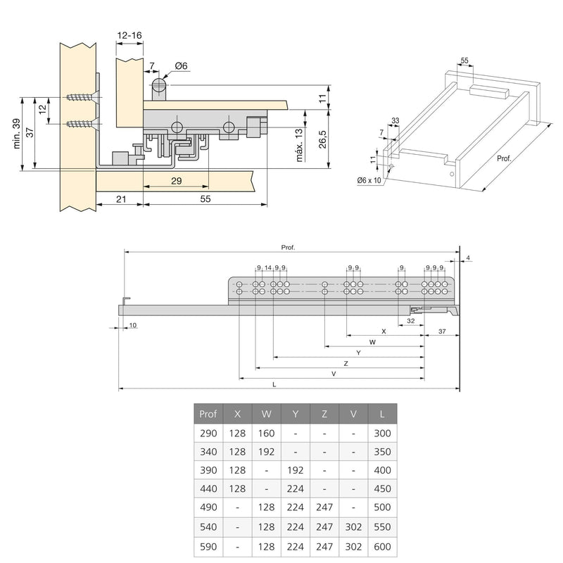 Guide a Scomparsa Slippe per Cassetti ad Estrazione Totale P440 Zincato B Emuca