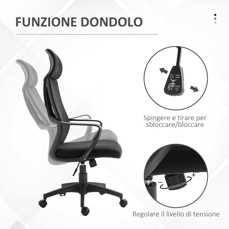 Sedia Operativa da Ufficio Reclinabile con Poggiatesta e Supporto Lombare 64x55x116-126 cm Nero 