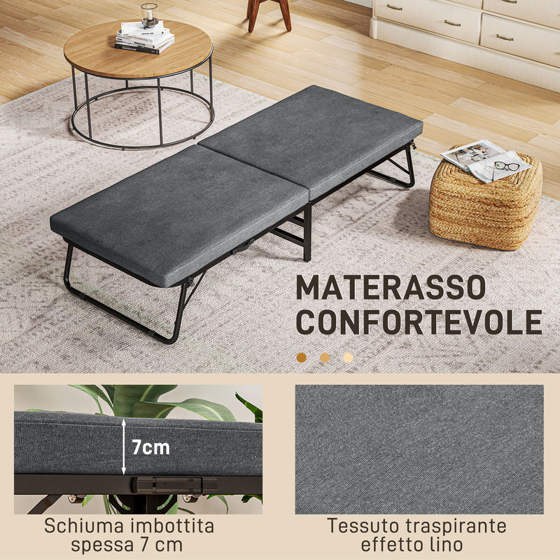 Letto Singolo Brandina Pieghevole 180x70x38 cm Materasso in Tessuto Effetto Lino Grigio   