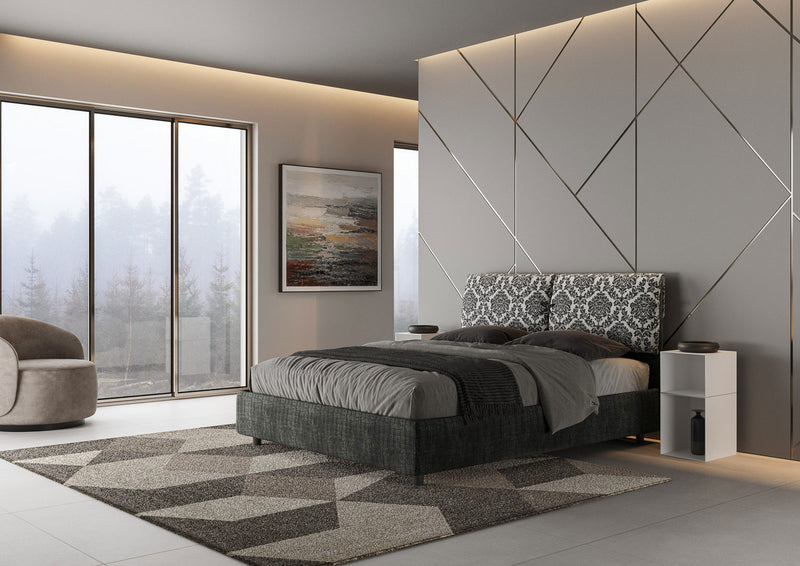 Letto Matrimoniale con Testata e Alzata Comoda Imbottito in Tessuto Agata Mados Blu Varie Misure