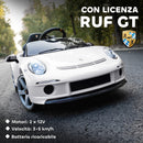 Macchina per Bambini 3-5 Anni con Licenza Ufficiale RUF GT Telecomando Cintura di Sicurezza e Musica Bianco      