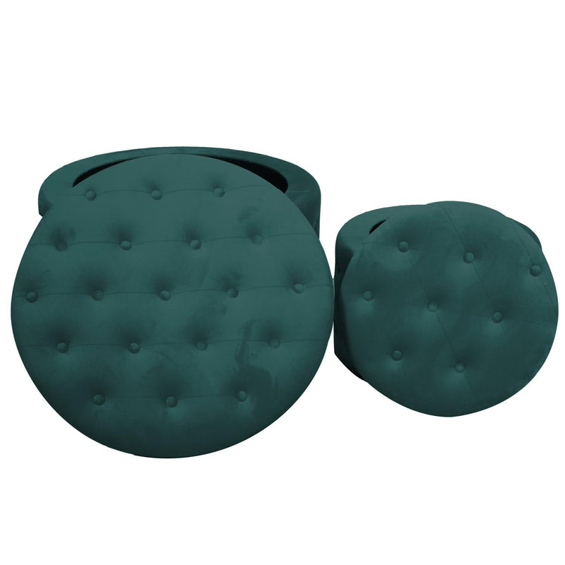 Set 2 Pouf Contenitore Ø50 cm e Ø70 cm in Tessuto Velluto Verde Salvia