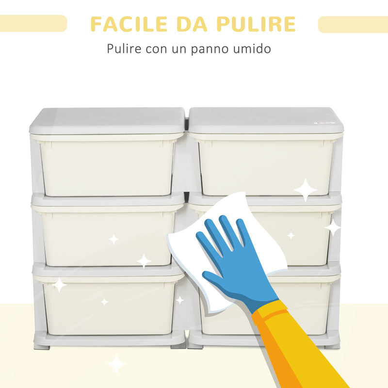 Cassettiera Portagiochi per Bambini 3-6 Anni 75x37x56.5 cm 6 Cassetti con Bordi Arrotondati in PP Bianco Crema      
