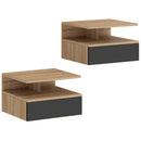 Set di 2 Comodini Sospesi 35x32x22,5 cm con Cassetto e Mensola Aperta in Legno Nero e Rovere      