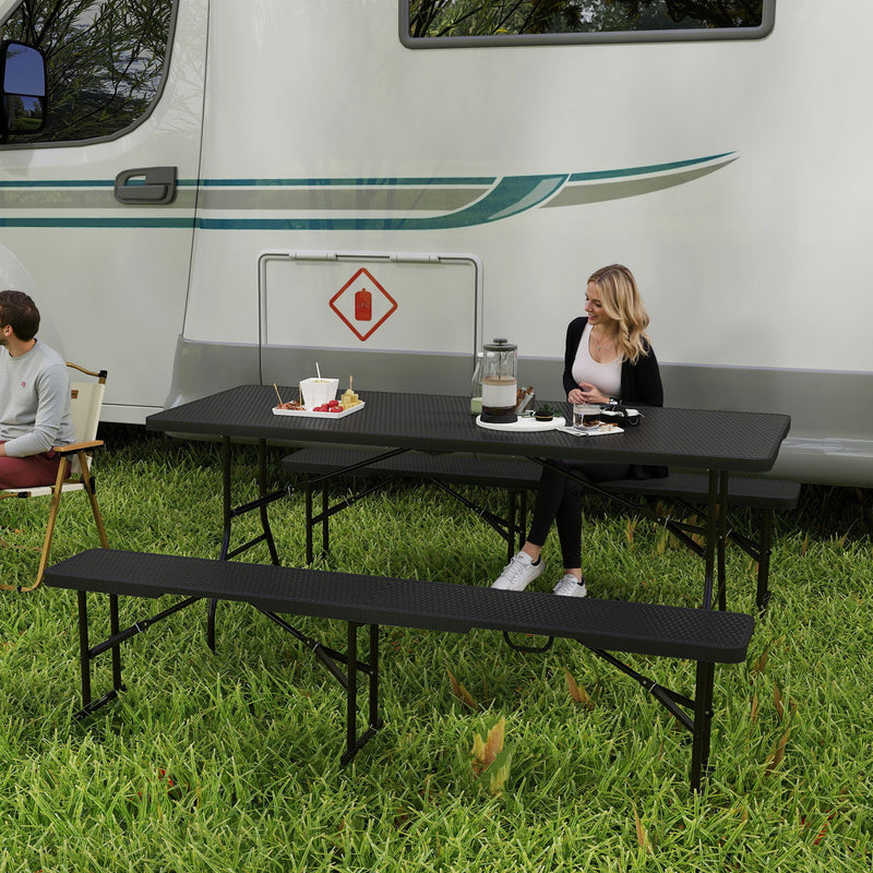 Set da Pic Nic Pieghevole a 3 Pezzi con Tavolo e 2 Panche in HDPE e Metallo Nero    