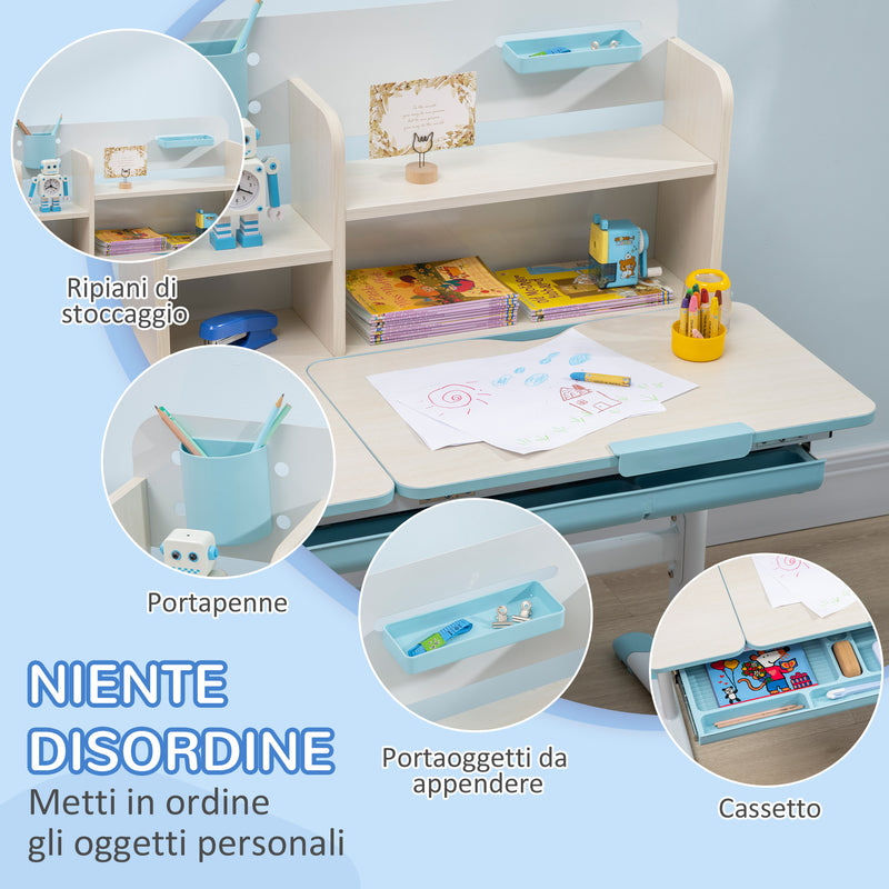Set Scrivania e Sedia per Bambini da 3 Anni Regolabile Tavolo Inclinabile a 60° con Cassetto e Ripiani in PP e Acciaio Blu      