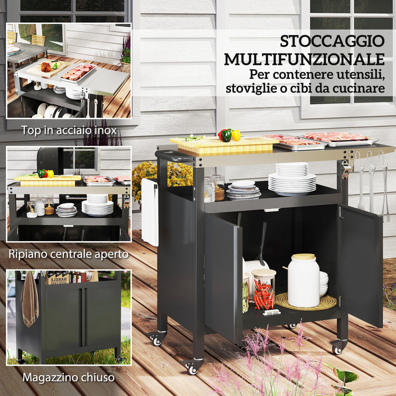 Carrello per Barbecue 116x50x93 cm con Armadietto Piano in Acciaio Inox Nero  