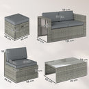 Set 6 Pezzi da Esterno con Divano 2 Sedie Tavolino con Piano in Vetro e 2 Pouf in Rattan Grigio Scuro      