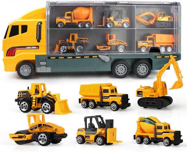 Camion Bisarca con 6 Veicoli da Lavoro Giocattolo per Bambini con Muletto Gru Bulldozer Giallo acquista