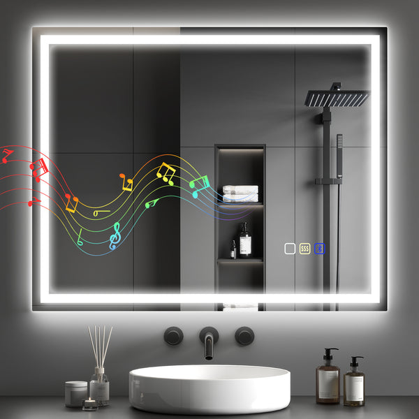 sconto Specchio Bagno da Parete LED Antiappannamento 80x100 cm Speaker Bluetooth e Pulsanti Touch in Vetro Temperato