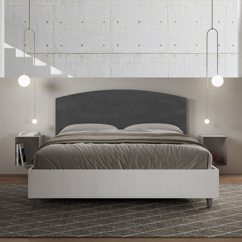Letto Matrimoniale con Rete e Contenitore Alzata Comoda Struttura Bianco Frassico e Testata in Microfibra Antilia Grigio Varie Misure