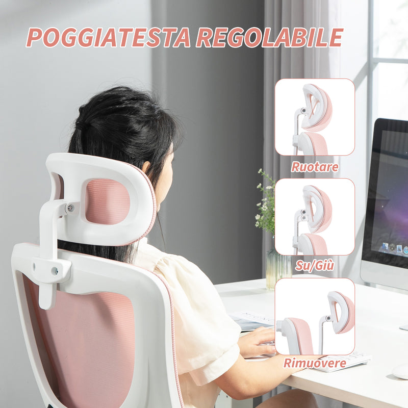 Sedia Ergonomica da Ufficio Girevole 60x59x114-122 cm con Poggiatesta Rimovibile in Tessuto a Rete Rosa  
