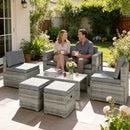 Set 6 Pezzi da Esterno con Divano 2 Sedie Tavolino con Piano in Vetro e 2 Pouf in Rattan Grigio Scuro      