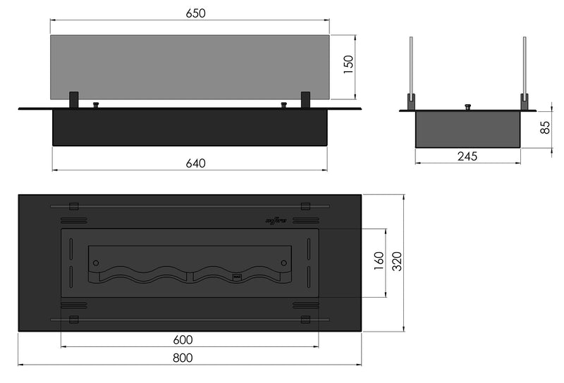 Bruciatore a Bioetanolo da Incasso 80x32x15 cm Insert Slim 800 Nero con Vetro