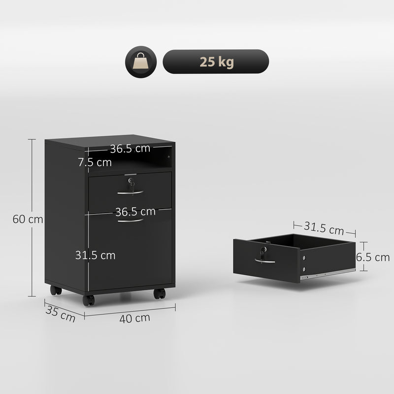 Cassettiera Portadocumenti a 4 Ruote 40x35x60 cm Cassetto con Serratura e Armadietto in Legno Nero  
