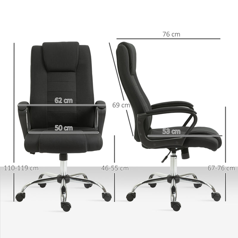 Sedia da Ufficio Ergonomica Basculante e Imbottita 62x76x110-119 cm in Poliestere Effetto Lino Nero  