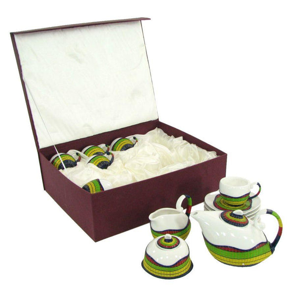 sconto Set Tazze The 9 Pezzi con Teiera e Lattiera in Porcellana Decoro in Bambù Multicolor
