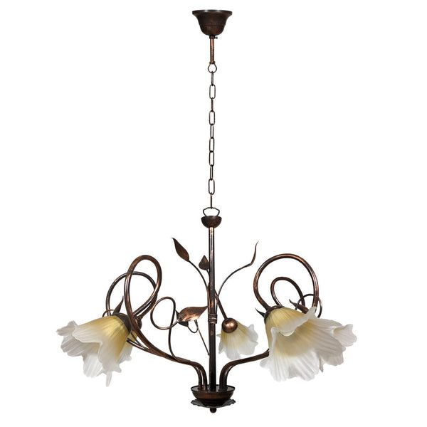acquista Lampadario 5xE14 Montatura Marrone Rame Vetro Satinato Sfumato Ambra E-Energy Melania