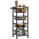 Carrello da Cucina 49,5x31x91 cm con 4 Cestini Estraibili in Acciaio e Legno Rovere e Nero  