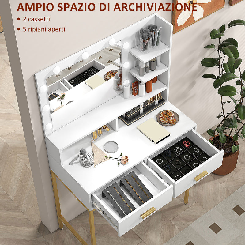 Mobile Toeletta con Specchio 2 Cassetti 5 Ripiani e Sgabello 80x40x138 cm in MDF e Truciolato Bianco-5