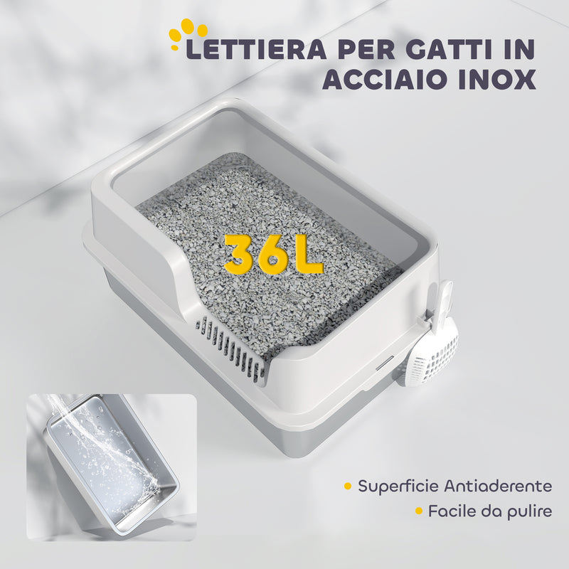 Lettiera per Gatti con Bordi Rialzati 60x40x28 cm in Acciaio Inox e PP Grigio Chiaro   