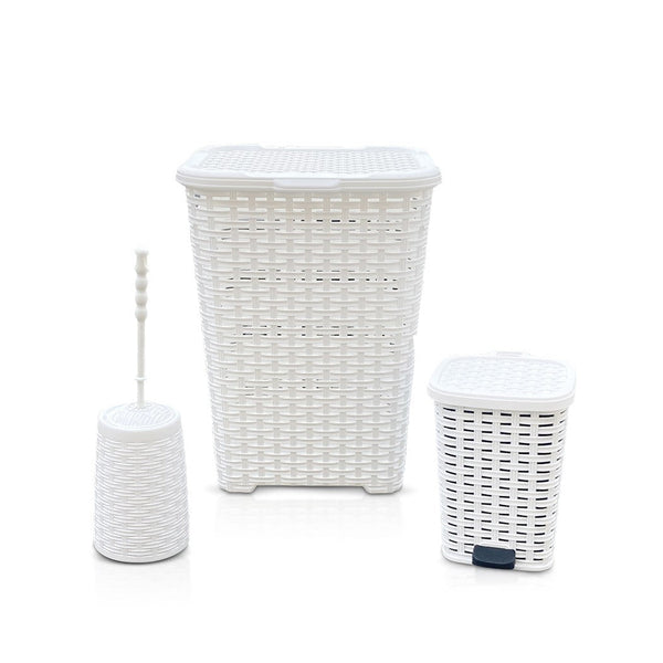 Set Accessori Bagno Cesto Biancheria Cestino Rifiuti Scopino in Rattan Bianco online